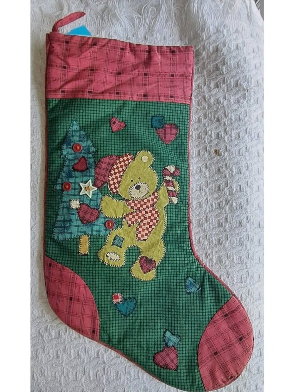 Unbranded Applique Christmas Stocking Multicolor Teddy Bear Tree Festive Holiday